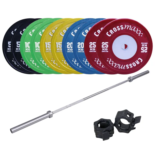 Crossmaxx Vægtløftning Vægtstangssæt 150 kg Farvet + 20 kg Stang, 28 mm greb, 50 mm ærme, 45 cm bumperskiver